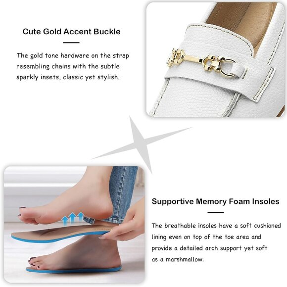 Kordal Women's White Leather Gold Accent Buckle Slip-Ons Walking Flats Loafers - Picture 4 of 9